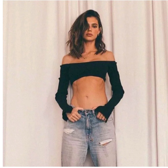 ARE YOU AM I STAPLE AND HUE Luca Long Sleeve Textured Ultra Cropped Top M NWT - Picture 1 of 14
